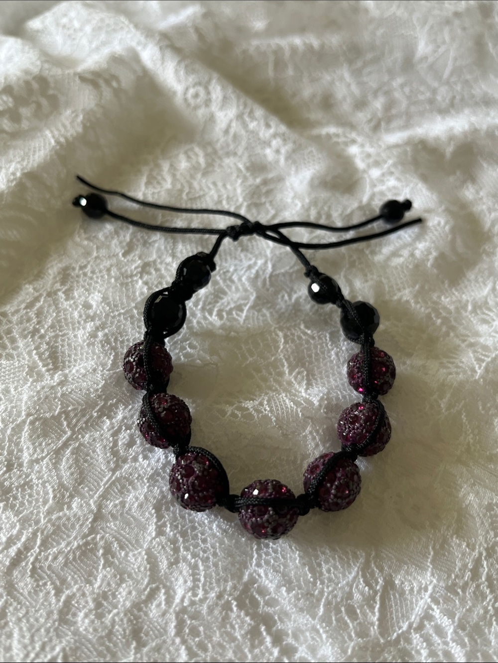 Adjustable Black Cord Bracelet with Sparkling Plum Beads